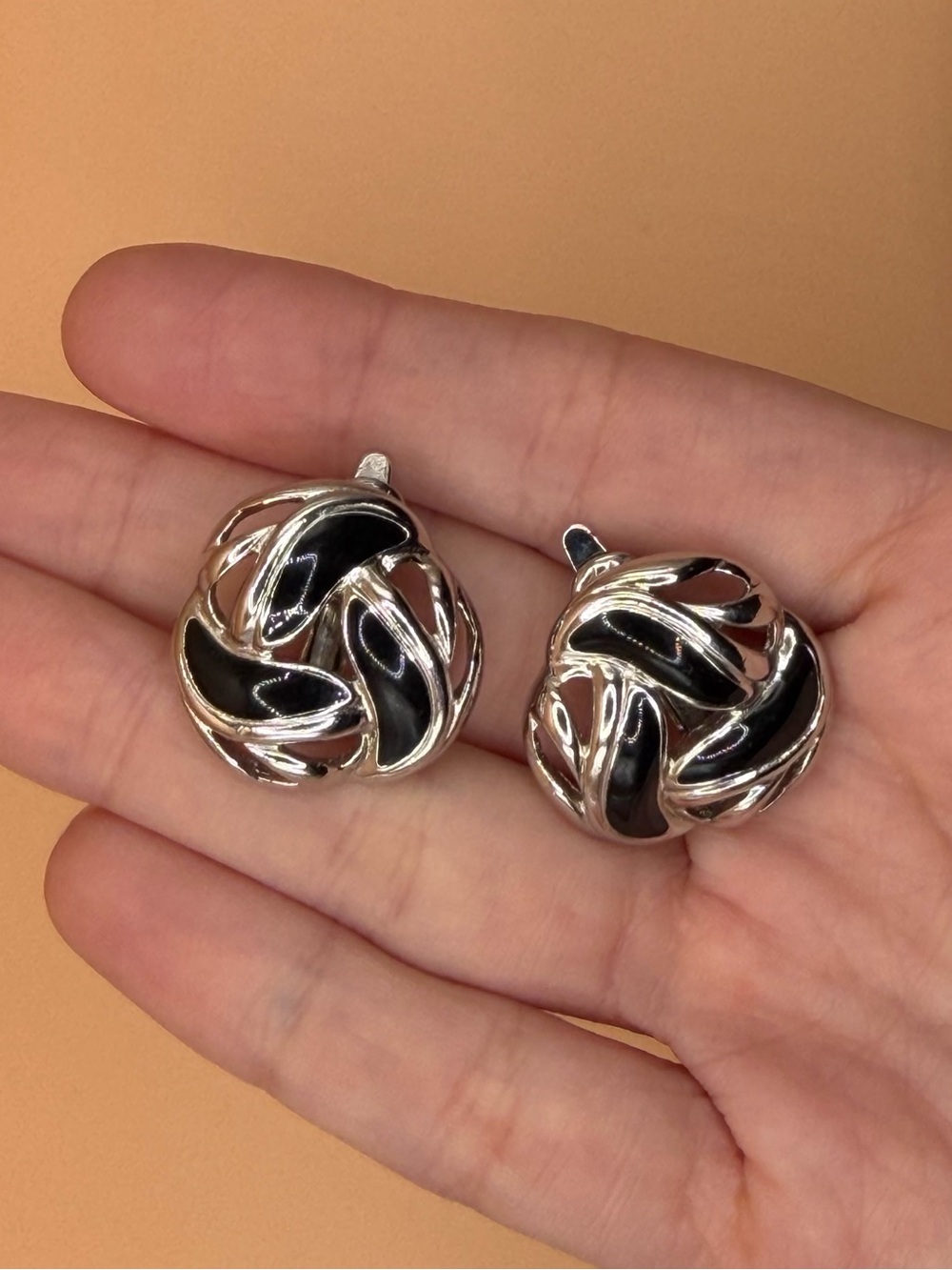 Trifari Silver-Tone Clip Earrings with Black Enamel Swirls